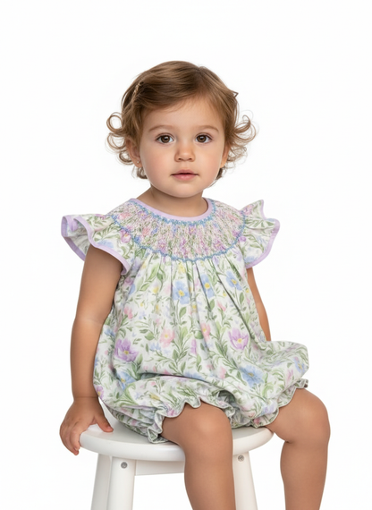 Beautiful floral handsmocked bubble with intricate flower designs