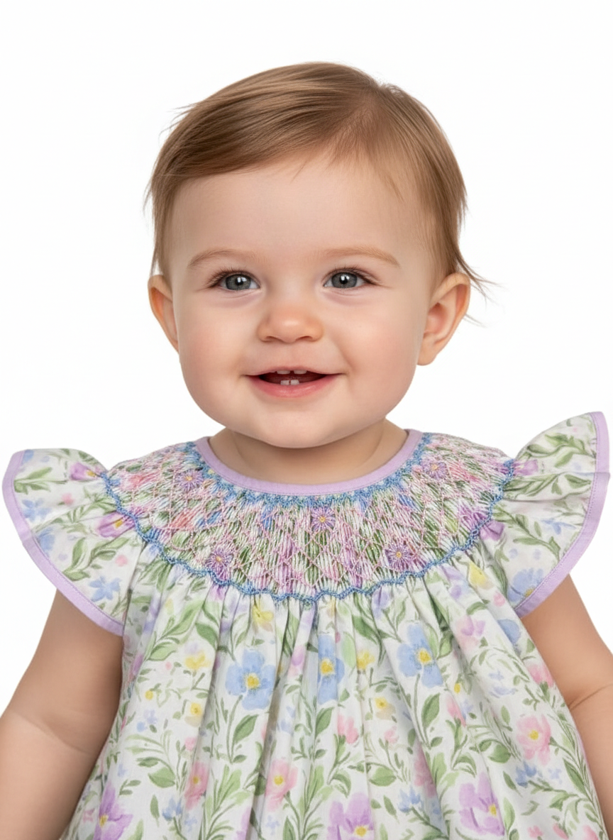 Beautiful floral Handsmocked Bubble