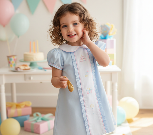 Blue Ashley Dress-Birthday with ruffle, pink piping, and hand-stitched birthday motifs