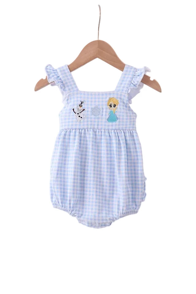 PREMIUM BLUE SNOWMAN EMBROIDERY GINGHAM RUFFLE BUBBLE
