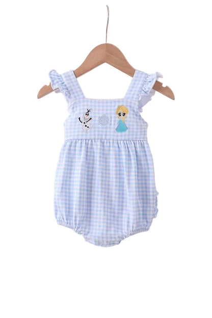 PREMIUM BLUE SNOWMAN EMBROIDERY GINGHAM RUFFLE BUBBLE