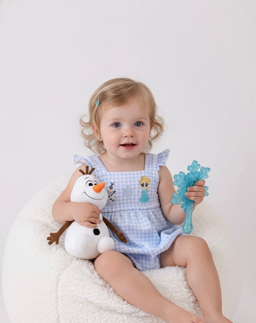 PREMIUM BLUE SNOWMAN EMBROIDERY GINGHAM RUFFLE BUBBLE