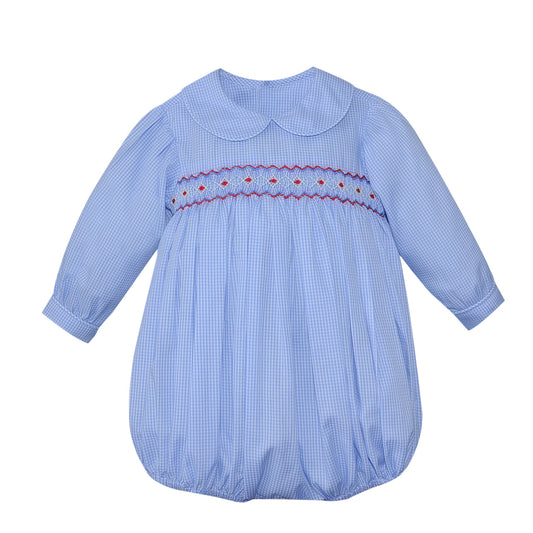 Royal Blue w/ Red Smocked girls bubble