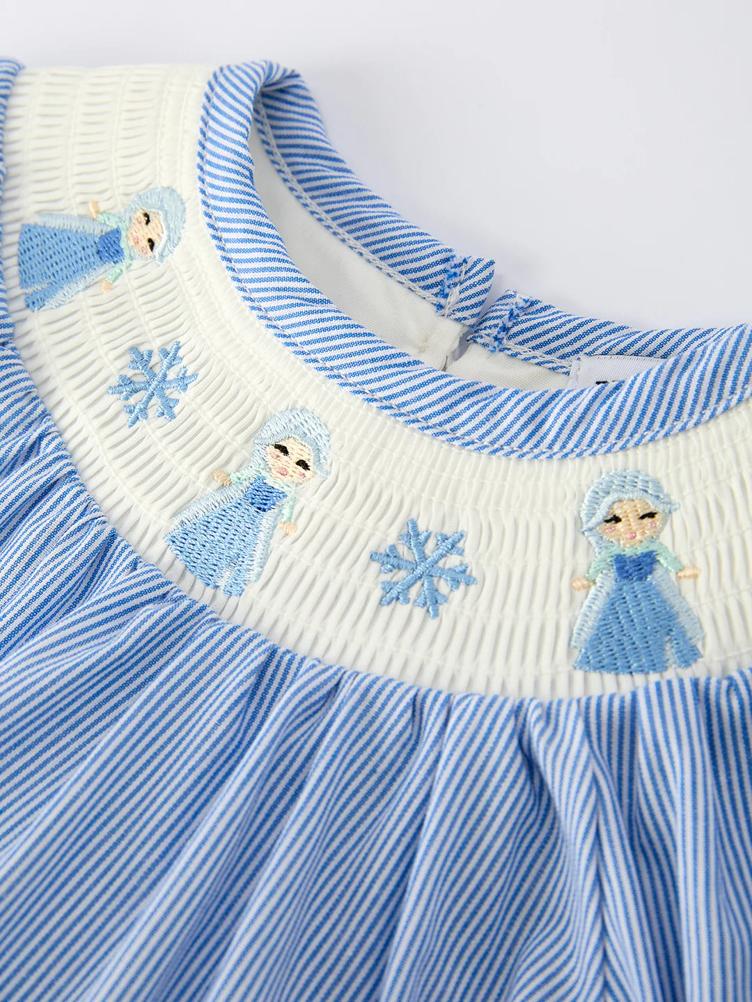 Baby Girls  Frozen Character Romper – Blue Striped Smocked Outfit with Short Sleeves