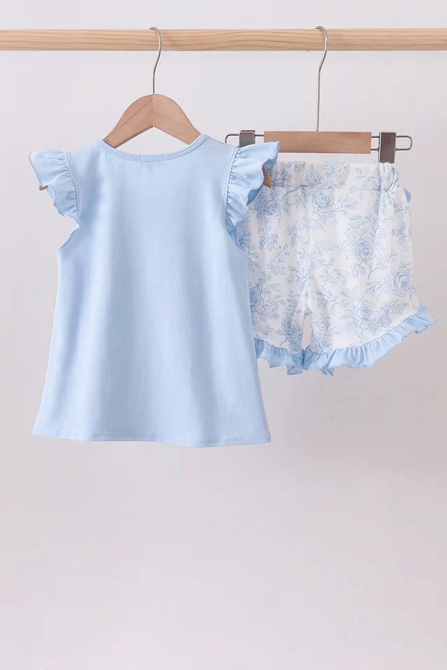 BLUE WHALE APPLIQUE RUFFLE SHORTS SET