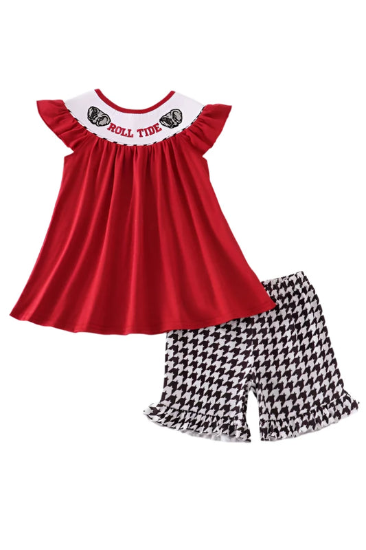 MAROON ALABAMA ROLL TIDE EMBROIDERY SMOCKED SHORTS SET