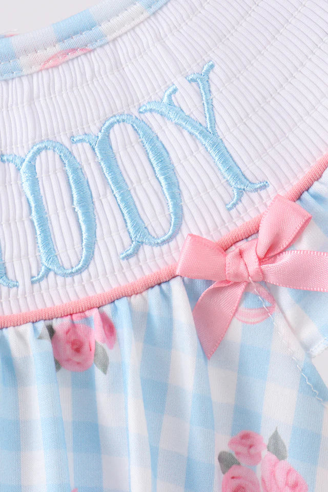 BLUE I LOVE DADDY SMOCKED FLORAL GINGHAM RUFFLE BUBBLE