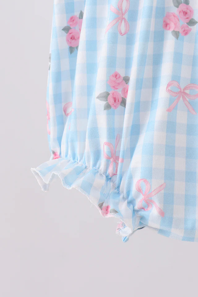 BLUE I LOVE DADDY SMOCKED FLORAL GINGHAM RUFFLE BUBBLE