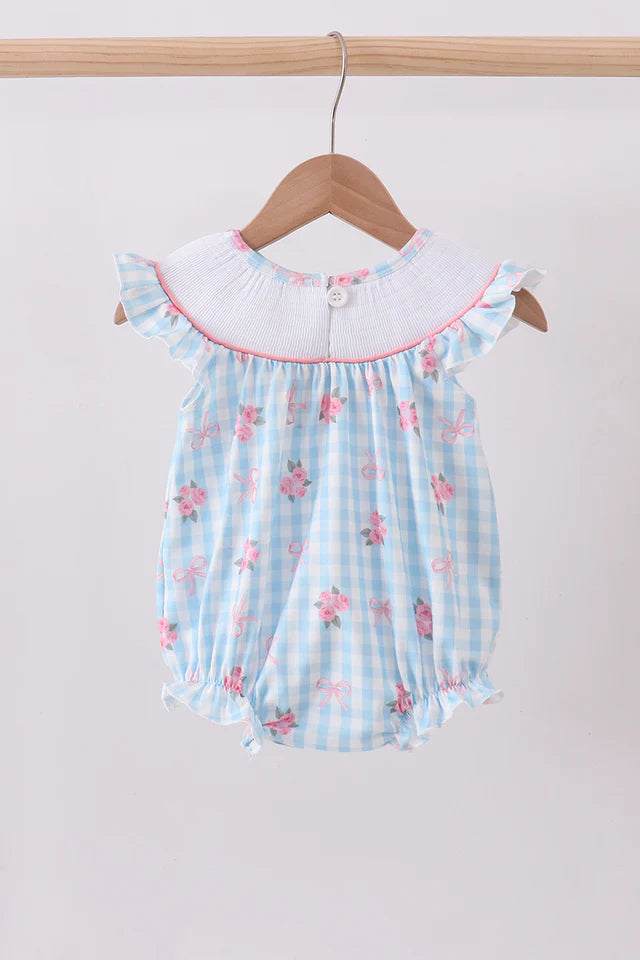 BLUE I LOVE DADDY SMOCKED FLORAL GINGHAM RUFFLE BUBBLE