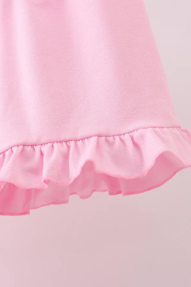 PINK CHARACTER EMBROIDERY RUFFLE SHORTS SET