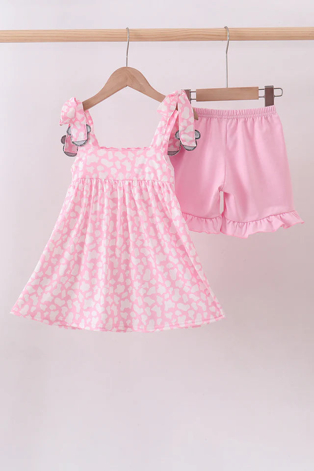 PINK CHARACTER EMBROIDERY RUFFLE SHORTS SET