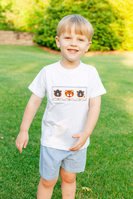 smocked auburn short set- boy
