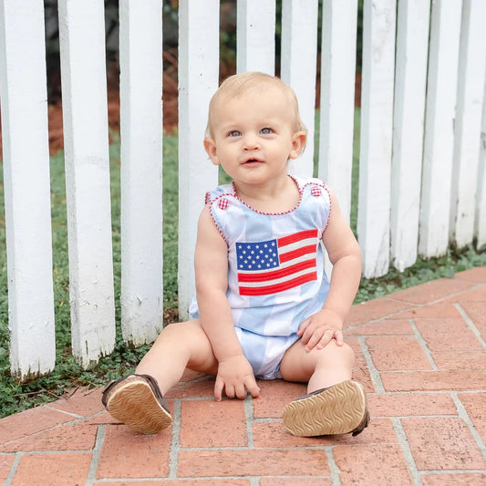 Light Blue Gingham American Flag Romper
