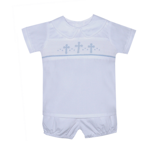 Handsmocked cross Short Set-White