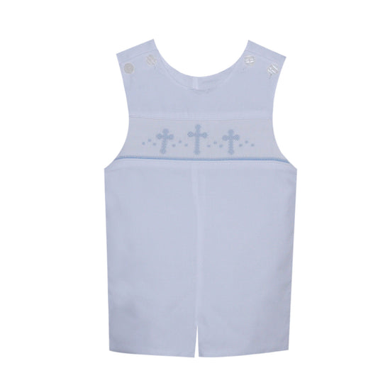 HAndsmocked White Shortall -Blue Cross