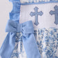 BLUE FLORAL CROSS SMOCKED RUFFLE BUBBLE