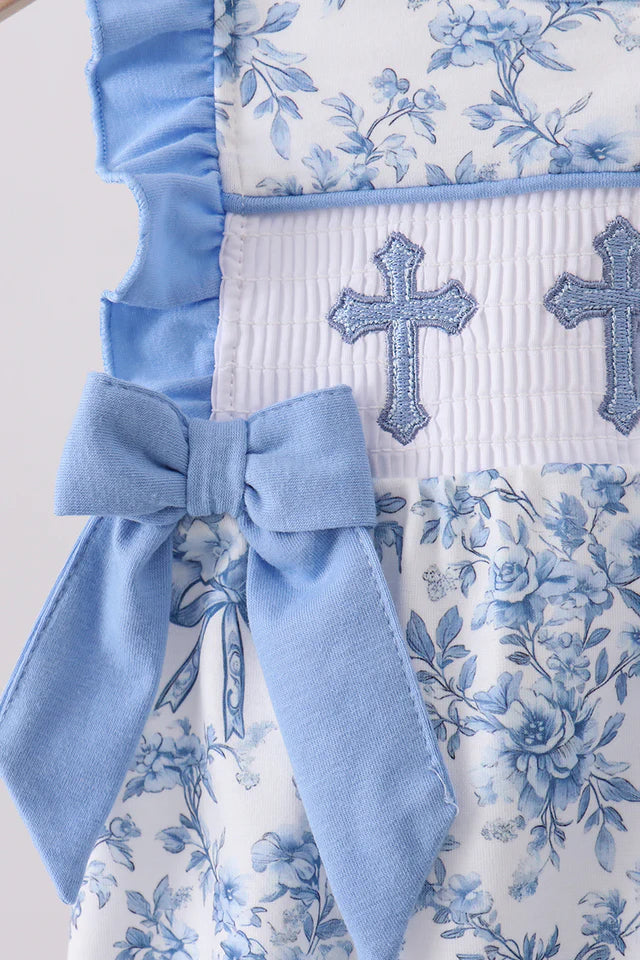 BLUE FLORAL CROSS SMOCKED RUFFLE BUBBLE
