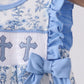 BLUE FLORAL CROSS SMOCKED RUFFLE BUBBLE