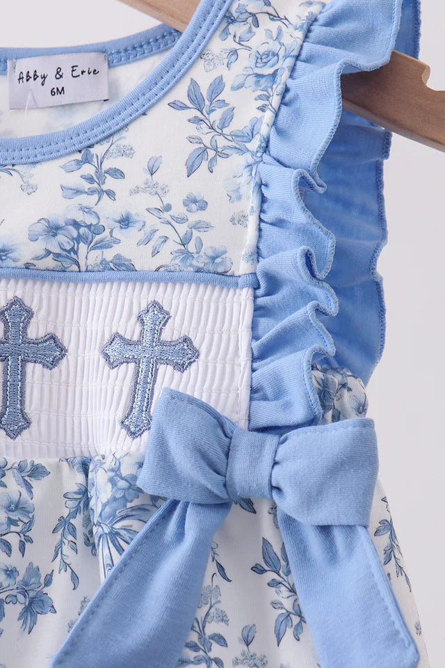 BLUE FLORAL CROSS SMOCKED RUFFLE BUBBLE