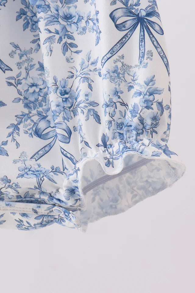 BLUE FLORAL CROSS SMOCKED RUFFLE BUBBLE