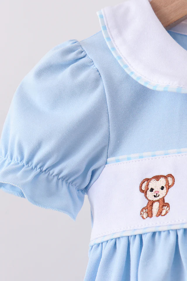 BLUE ZOO ANIMAL EMBROIDERY GINGHAM PUFF SLEEVE BLOOMER SET