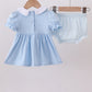 BLUE ZOO ANIMAL EMBROIDERY GINGHAM PUFF SLEEVE BLOOMER SET