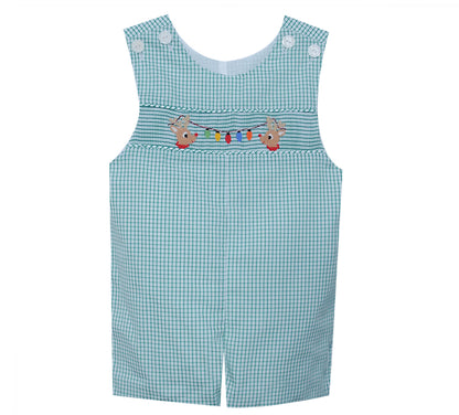 Smocked Reindeer Shortall with Christmas Lights