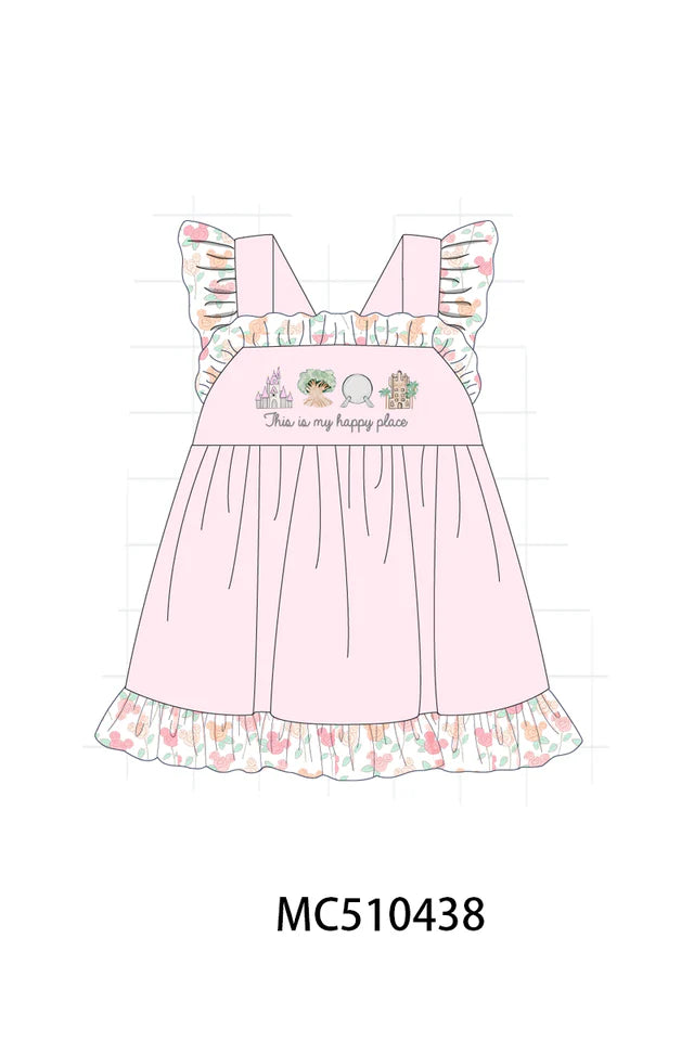 PINK THIS IS MY HAPPY PLACE EMBROIDERY RUFFLE DRESS