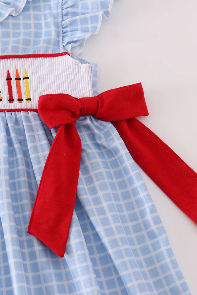 BLUE APPLE BUS EMBROIDERY SMOCKED PLAID DRESS