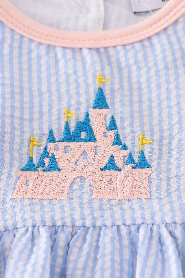 BLUE STRIPE SEERSUCKER CASTLE EMBROIDERY BLOOMER SET