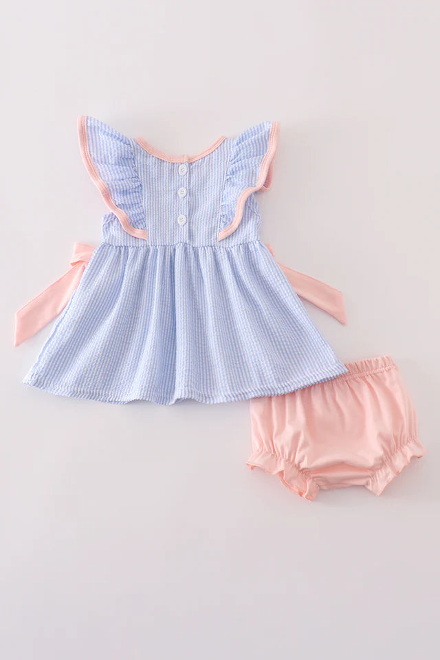 BLUE STRIPE SEERSUCKER CASTLE EMBROIDERY BLOOMER SET