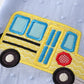 BLUE SWISS DOT BUS APPLE APPLIQUE DRESS