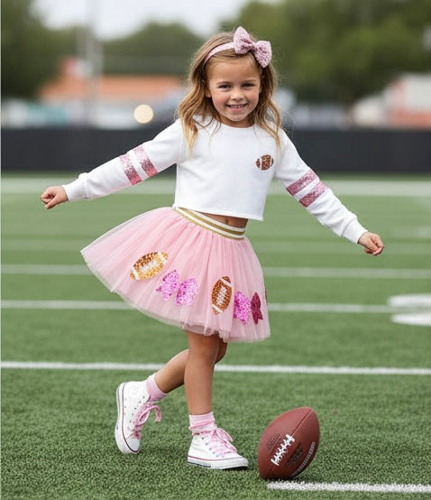 Sequin-Embellished Football/Bow-Appliqued Mesh Tutu Skirt