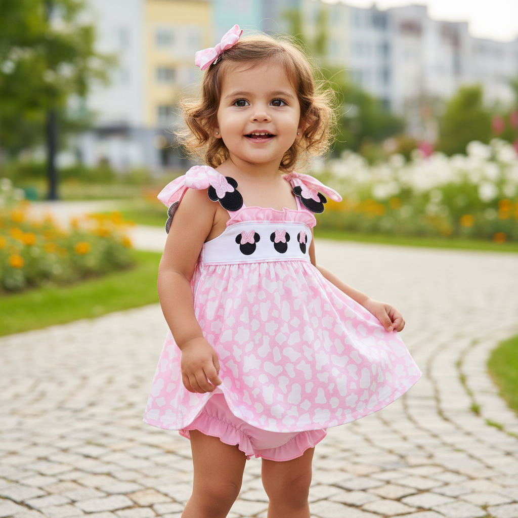 PINK CHARACTER EMBROIDERY RUFFLE BLOOMER SET
