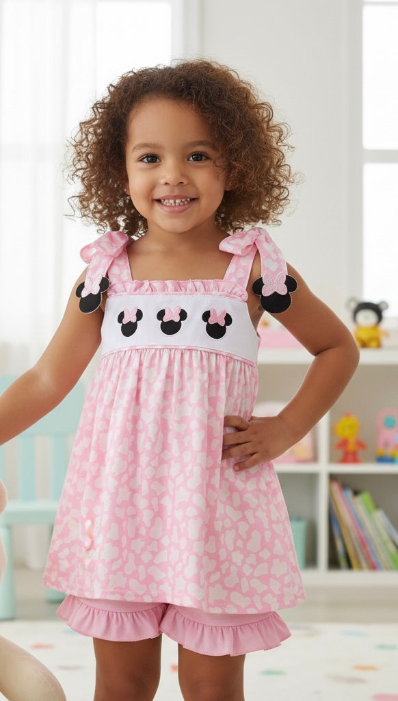 PINK CHARACTER EMBROIDERY RUFFLE SHORTS SET