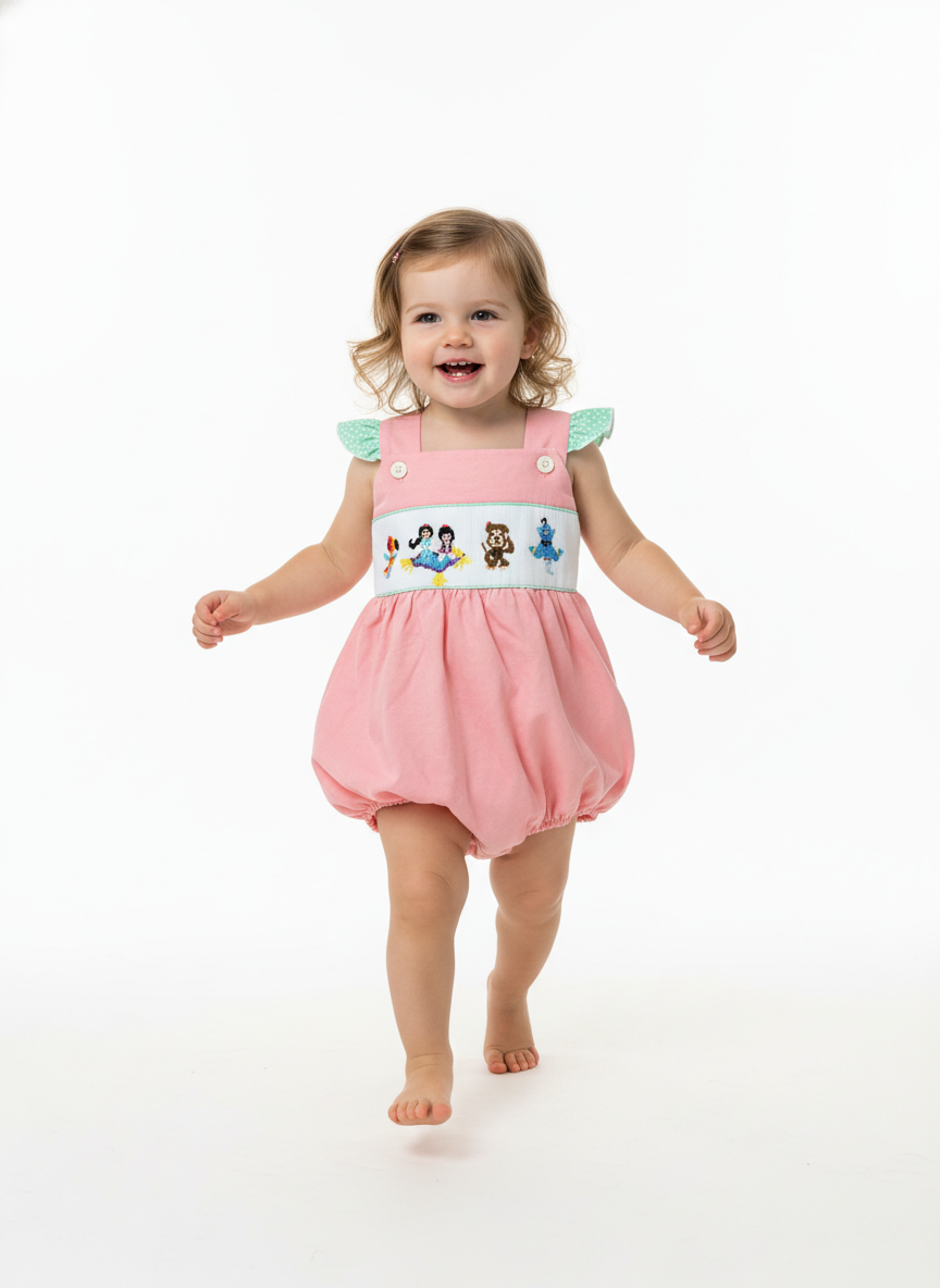 Handsmocked Magic Carpet bubble dress with ruffle back