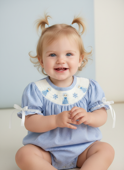 Baby Girls  Frozen Character Romper – Blue Striped Smocked Outfit with Short Sleeves