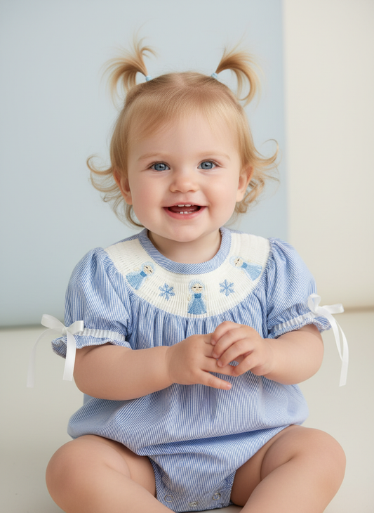 Baby Girls  Frozen Character Romper – Blue Striped Smocked Outfit with Short Sleeves