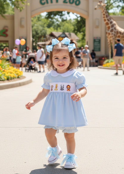 BLUE ZOO ANIMAL EMBROIDERY GINGHAM PUFF SLEEVE BLOOMER SET