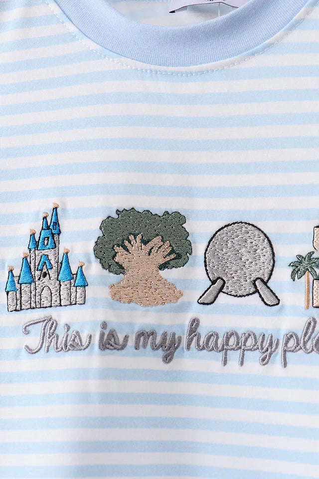 BLUE THIS IS MY HAPPY PLACE EMBROIDERY STRIPE ROMPER