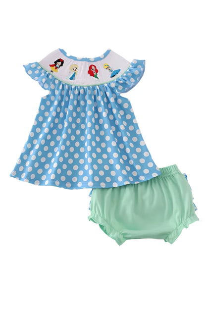BLUE DOT PRINCESS EMBROIDERY SMOCKED BLOOMER SET