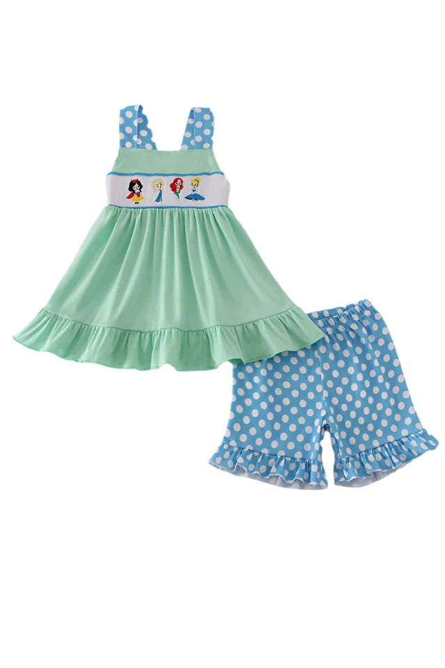 BLUE DOT PRINCESS  EMBROIDERY SMOCKED SHORTS SET