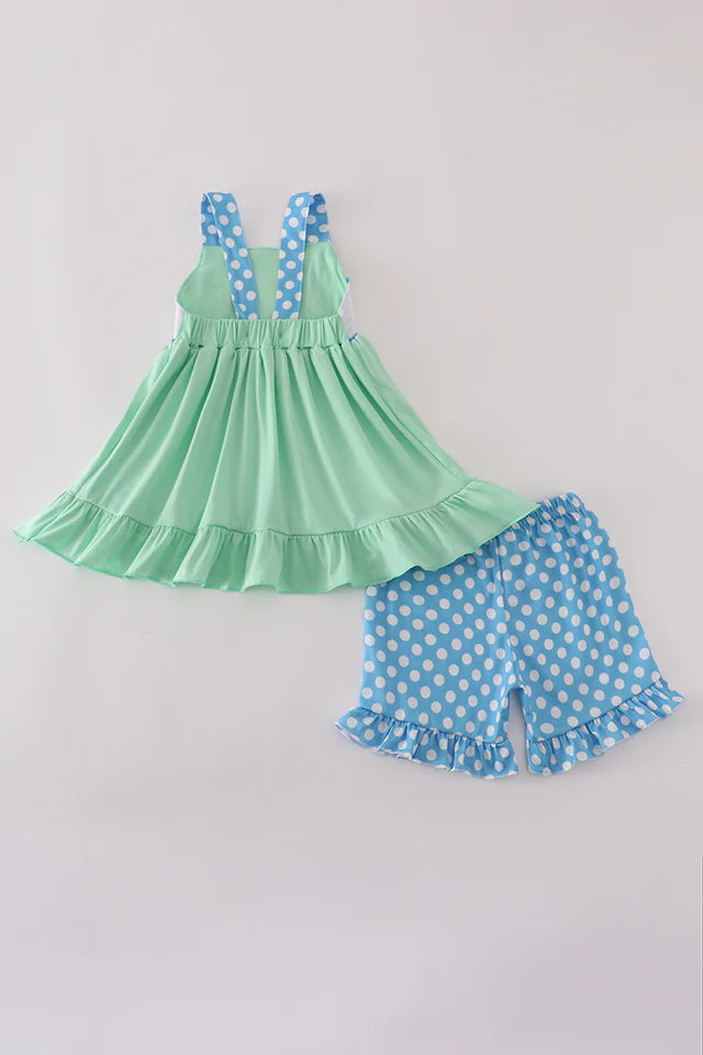 BLUE DOT PRINCESS  EMBROIDERY SMOCKED SHORTS SET