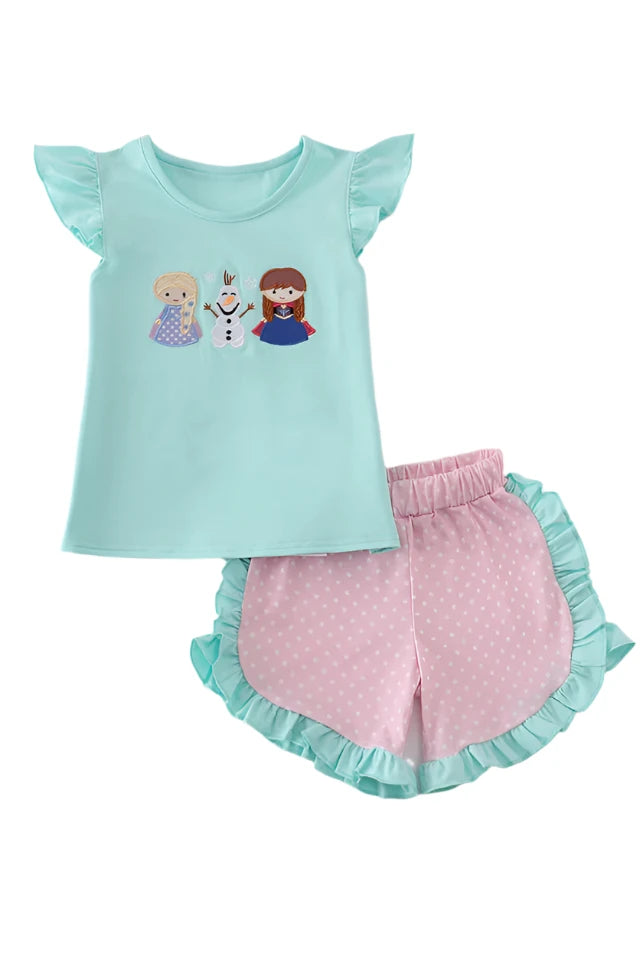 BLUE CHARACTER APPLIQUE SHORTS SET-Frozen