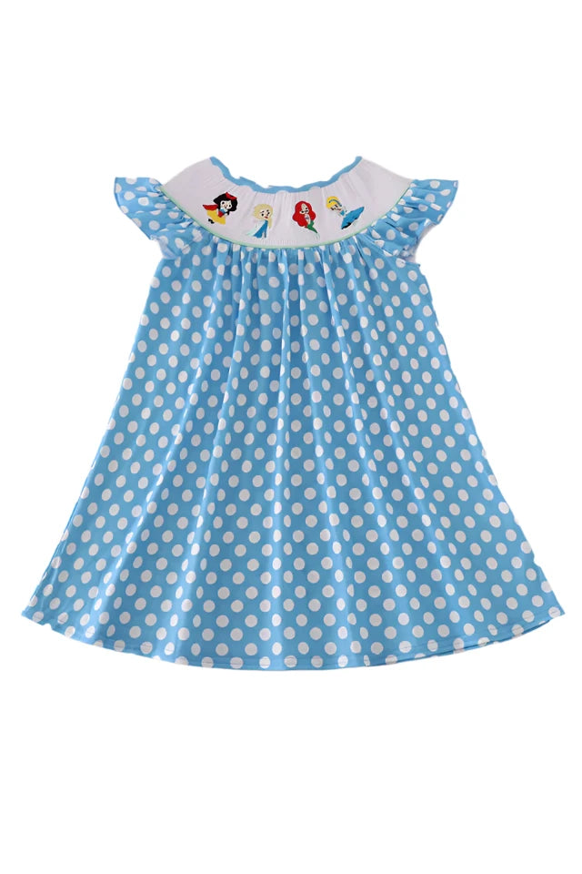 BLUE DOT CHARACTER EMBROIDERY SMOCKED DRESS