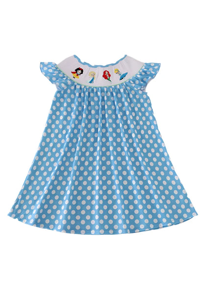BLUE DOT CHARACTER EMBROIDERY SMOCKED DRESS