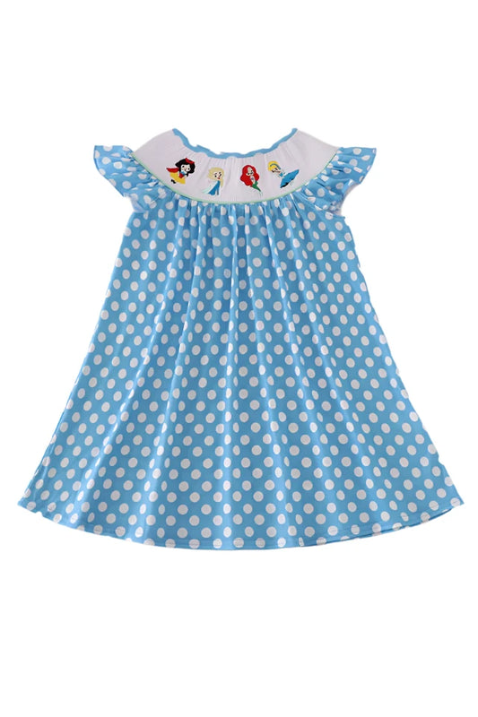 BLUE DOT CHARACTER EMBROIDERY SMOCKED DRESS