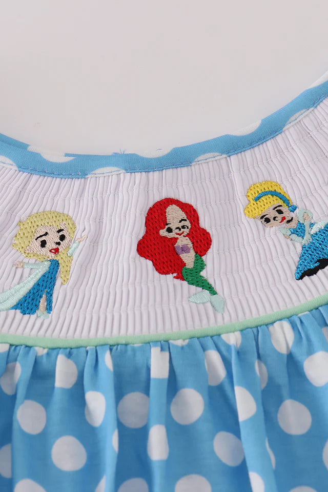 BLUE DOT CHARACTER EMBROIDERY SMOCKED DRESS