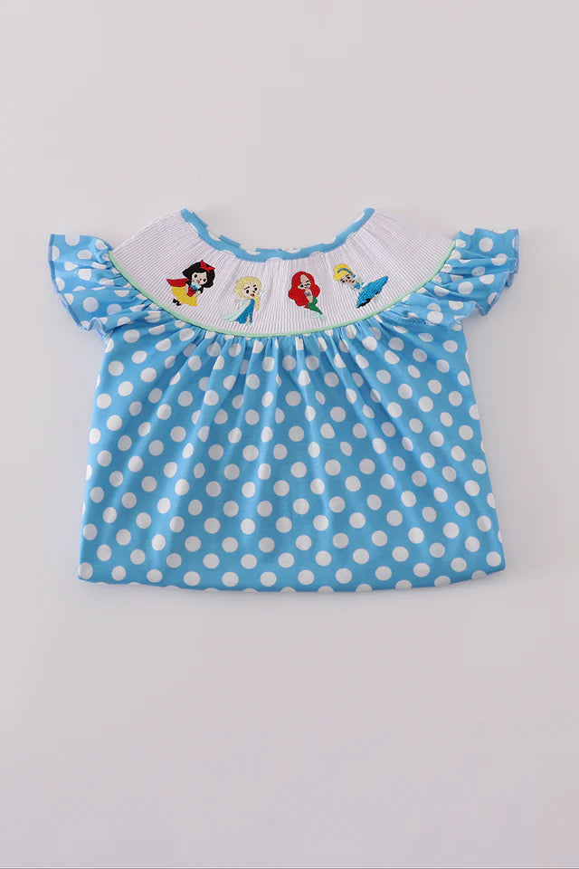 BLUE DOT CHARACTER EMBROIDERY SMOCKED DRESS
