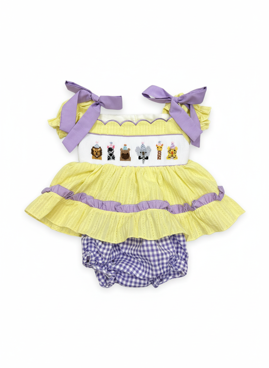 Handsmocked Party Animals Bloomer set